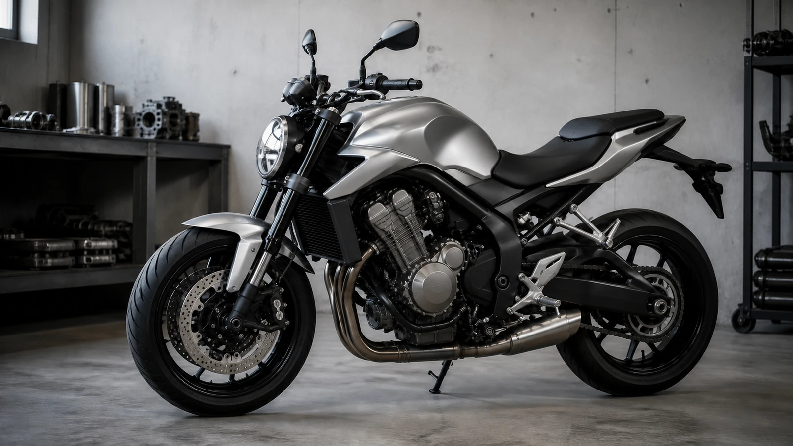 Moto roadster de grosse cylindrée dans un atelier mécanique