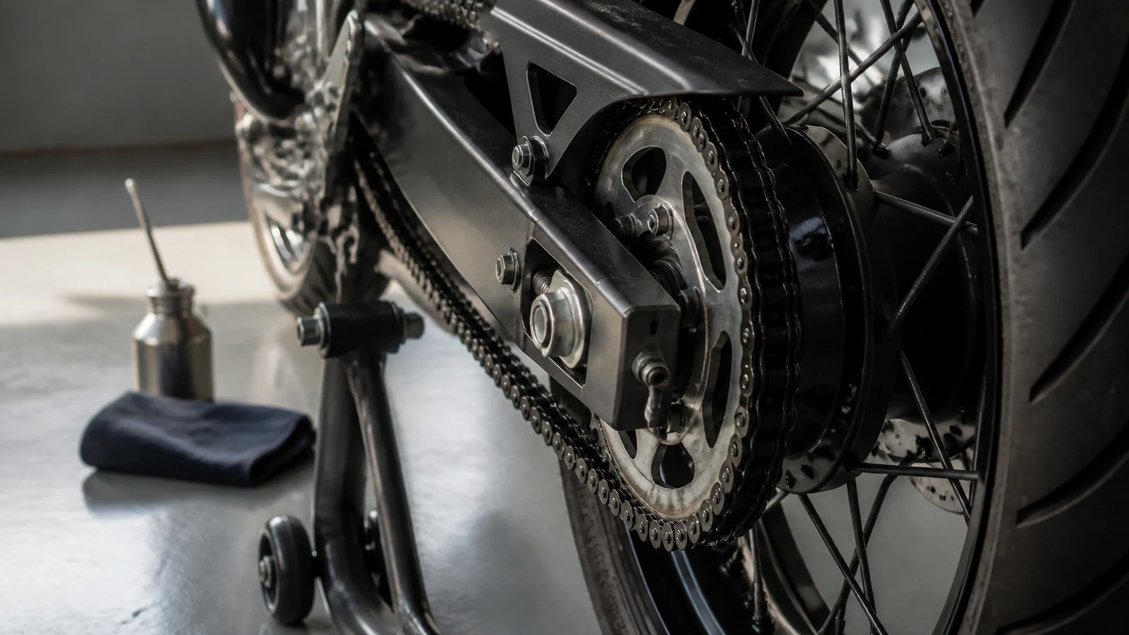 Transmission et chaîne de moto entretenue