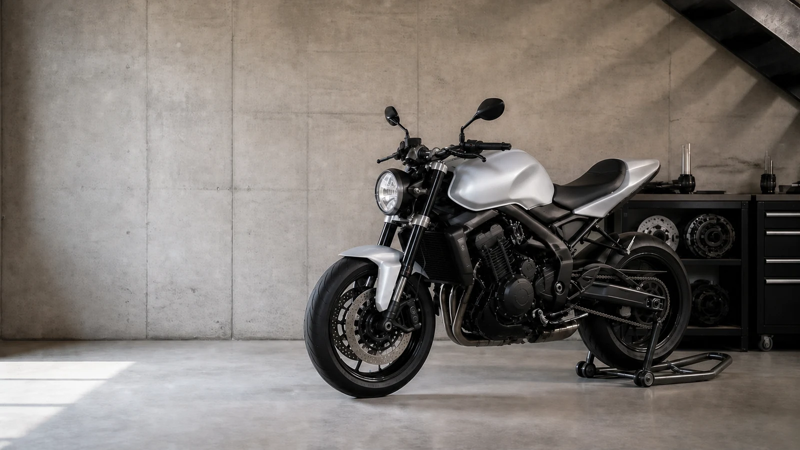 Moto roadster sans marquage dans un atelier mécanique